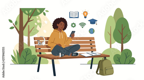 Young Black woman student studying online with smartphone on park bench