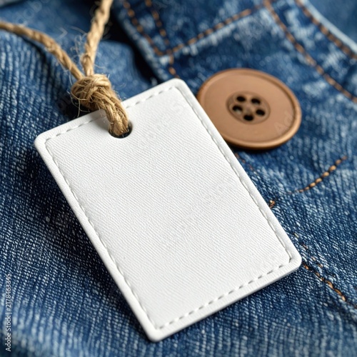 Blank white rectangular price tag with jute string attached to blue denim fabric featuring a brown button, retail branding, clothing label