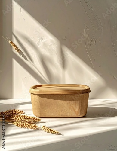 Eco friendly food container made of sustainable pulp with bamboo lid, natural dried wheat stalks for organic aesthetic