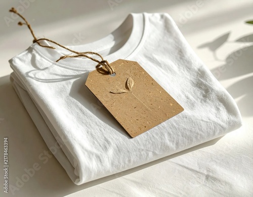 folded white organic cotton t-shirt with recycled cardboard hangtag, sustainable fashion branding, clothing retail and eco-friendly apparel showcase