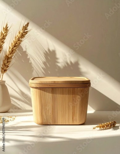 Minimalist wooden container with lid for pantry storage, decorated with dried wheat stalks, natural organic aesthetic for kitchen organization
