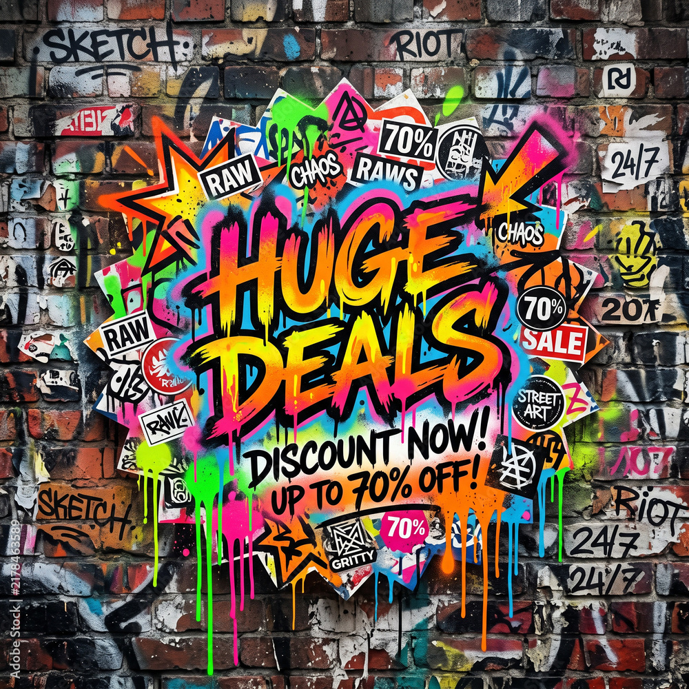 Fototapeta premium Huge Deals Discount 70 Off Graffiti Art Sticker on Brick Wall Background