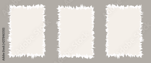 Torn paper frame backgrounds. Beige blank sheet wallpapers with jagged edges. Ripped grunge elements bundle for poster, text box, banner, collage, sticker. Vector rectangle ecru craft backdrops