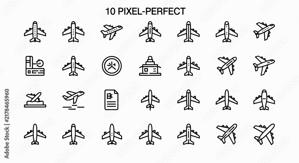Fototapeta premium Set of pixel perfect airplane icons, various aircraft illustrations, perfect for travel and transportation designs