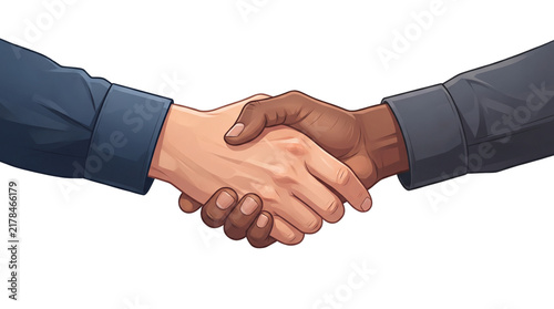 Handshake Agreement: A close-up of two hands, one light-skinned and the other dark-skinned, clasped in a firm handshake, symbolizing trust, partnership, and successful negotiation.