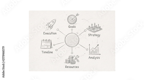 Business Strategy Diagram: A hand-drawn illustration depicts a central circle connected to icons representing goals, strategy, analysis, resources, timeline, and execution.