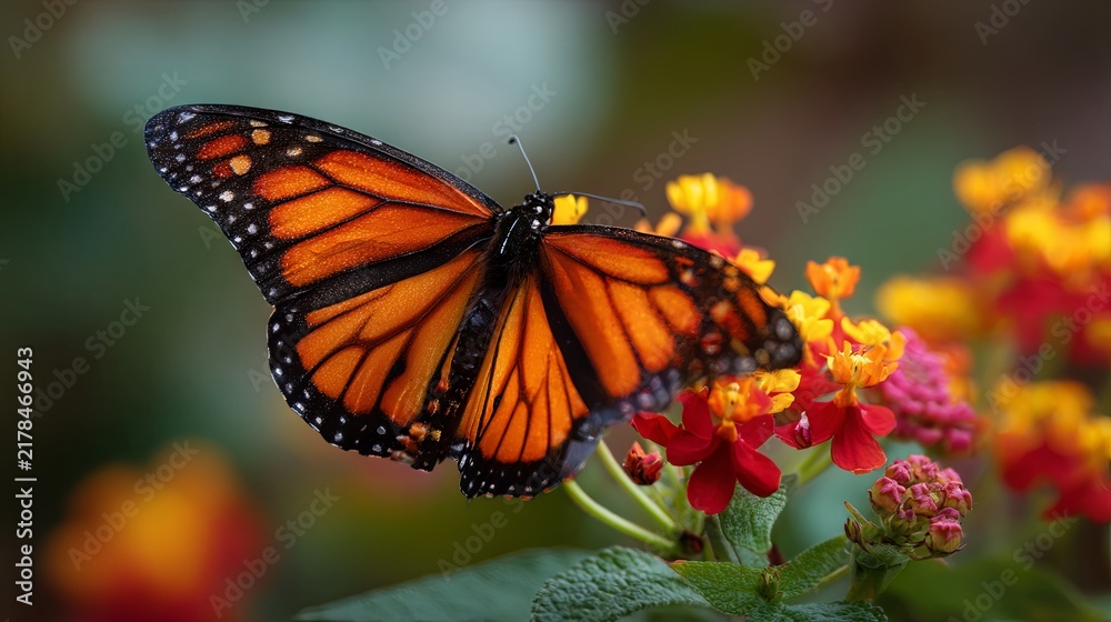 Fototapeta premium Butterfly resting gracefully on vibrant blooming flowers, surrounded by colorful petals and a bright natural garden atmosphere 