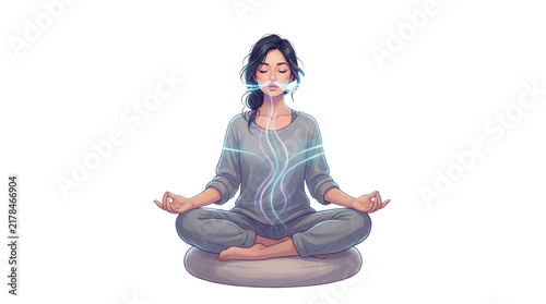 Mindful Serenity: A woman in meditative pose, eyes closed, embodies tranquility as ethereal blue energy flows through her during a mindful breathing exercise.