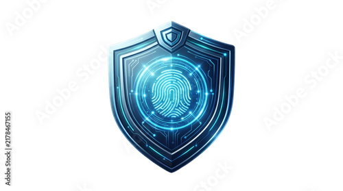 Digital Shield with Fingerprint: A sleek, futuristic digital shield emblem featuring a glowing fingerprint at its core, symbolizing advanced biometric security and data protection.