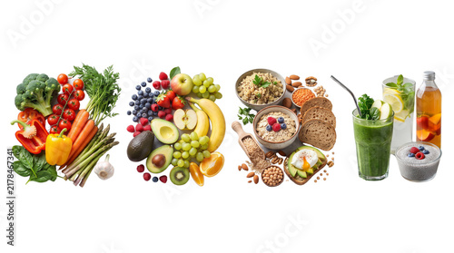 A Spectrum of Nourishment: A vibrant array showcasing the goodness of healthy eating, from fresh produce to wholesome grains, refreshing drinks, and a nutritious breakfast.