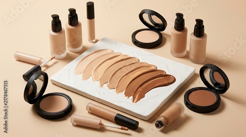 Liquid foundation makeup bottles and powder compacts with beige cream swatches on a soft surface. global complexion collection