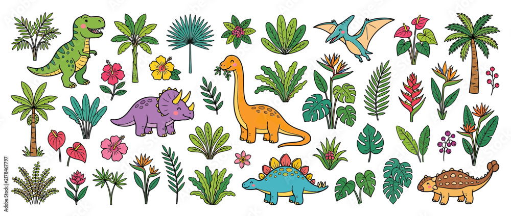 Obraz premium Cute Cartoon Dinosaurs and Tropical Plants Isolated