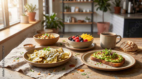 Mexican Breakfast Feast Chilaquiles Verdes Avocado Toast Fresh Fruit Bowl Concha Sweet Bread Hot Coffee Rustic Cafe Table Sunlight Bright Airy Culinary Composition Authentic Traditional Mexican Plate
