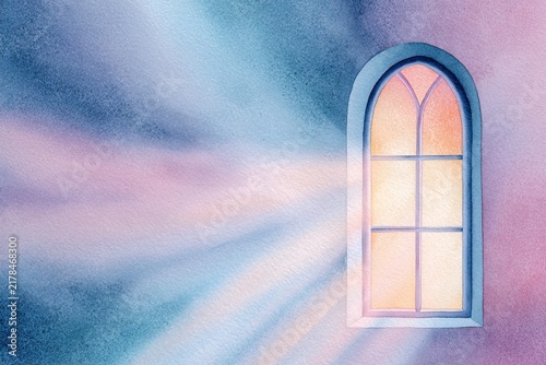 Watercolor arched stone window with soft twilight sunbeams on blue wall, ideal for premium boutique hotel spa brochure, fantasy book cover illustration or meditation mobile app splash background