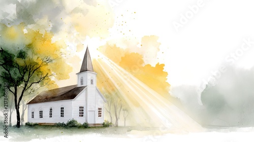 Watercolor white church with golden sunbeams and lush trees, ideal for Christian gospel music album cover, spiritual healing retreat web header or religious holiday greeting card background