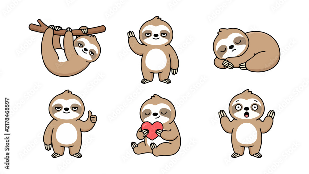Obraz premium Cute Sloth Collection: A whimsical compilation of six adorable sloths depicted in various charming poses and expressions, showcasing their unique and relaxed nature.