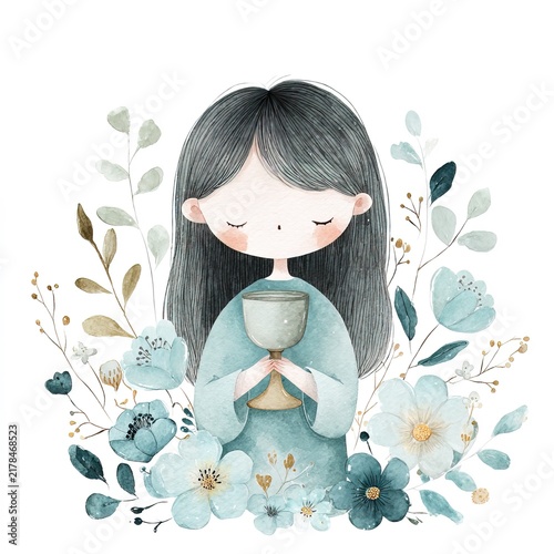 Watercolor sweet girl with dark hair holding silver chalice surrounded by blue flowers, ideal for Christian boy baptism invitation card, church sunday school certificate or child memorial poster