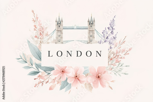 Watercolor London text badge with Tower Bridge and pastel flowers, ideal for British confectionery packaging, luxury hotel welcome card or elegant notebook cover design