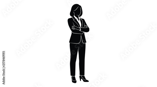 Businesswoman silhouette stands proudly with arms folded in a minimalist black and white vector drawing.