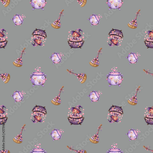 A whimsical Halloween pattern featuring a witch's cauldron, broomstick, and potion bottle, all rendered in a charming watercolor style with glowing accents.