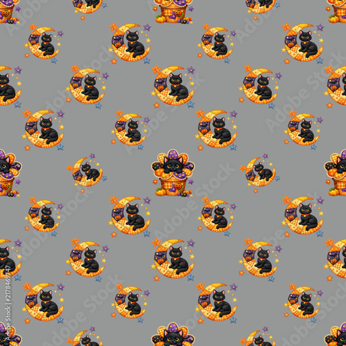A charming Halloween pattern featuring black cats sitting on crescent moons and surrounded by pumpkins and candy. This whimsical design evokes a sense of playful spookiness and festive spirit.