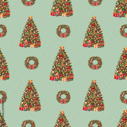 A festive seamless pattern featuring decorated Christmas trees and wreaths on a light green background, evoking holiday cheer.