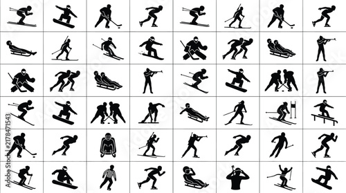 Quadro su tela Comprehensive collection of winter sports silhouettes and icons featuring skiing, snowboarding, ice hockey, speed skating, biathlon, luge, and bobsleigh athletes on a white grid background