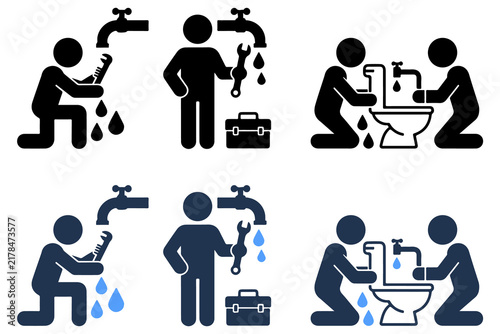 Konstfotografi Plumber fixing leaky faucets and toilets with tools and toolbox in black and blu