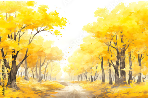 Yellow Autumn Woods Illustrated in Watercolor Style, Ideal for Seasonal Background Designs