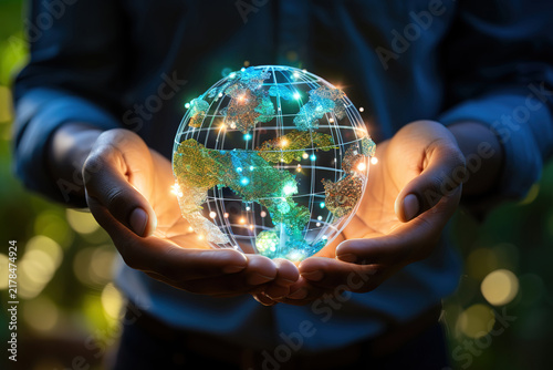 man holding global network and customer data connection in his hands with nature background
