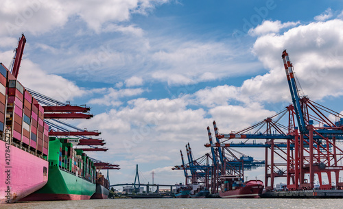 Bild auf Leinwand Container ships docked at busy harbor terminal with large gantry cranes under bl