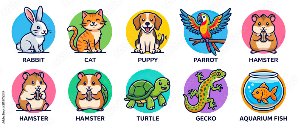 Fototapeta premium Cute cartoon pets and animals collection isolated