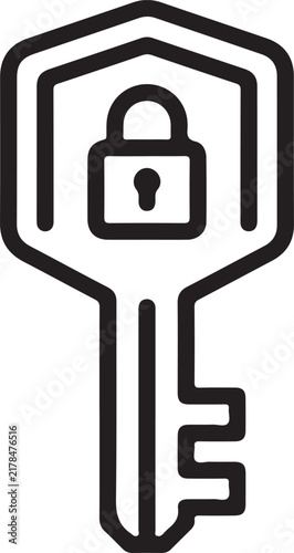 Minimalist black line icon of a security key with a padlock symbol representing digital encryption and safe access