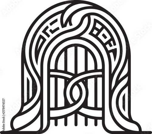 Celtic style arched gate line art illustration representing a secure portal, magical door, or entryway