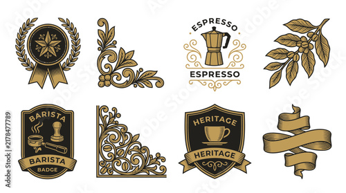 Coffee Shop Badges, Ornaments, Espresso Emblem, Ribbon Banner, Isolated