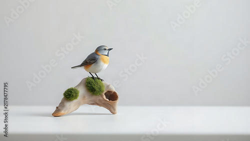 Ceramic bird figurine on driftwood with moss, nature and tranquility concept