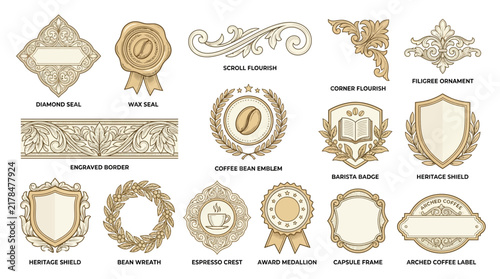 Coffee Themed Emblem Set: Seals, Emblems, Badges, Ornaments