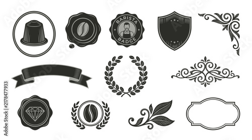 Collection of Vintage Coffee Shop Emblems and Ornaments on Transparent Background