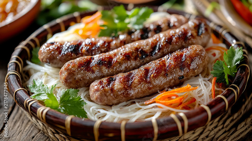 Grilled sausages served in a bamboo.
