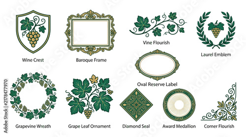 Decorative Emblems & Flourishes: Grapes, Crests, Frames, Wreaths