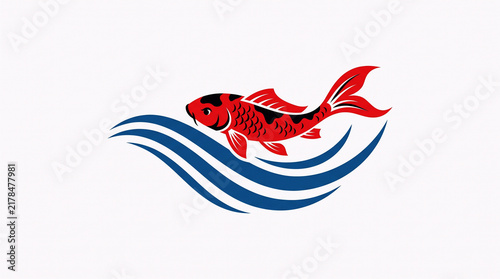 Red Koi Fish Wave Logo, Japanese Carp Swimming in Water
