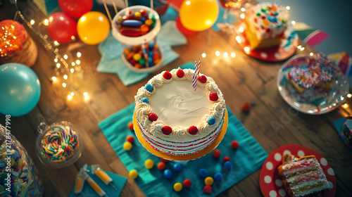 Festive birthday spread with cakes.