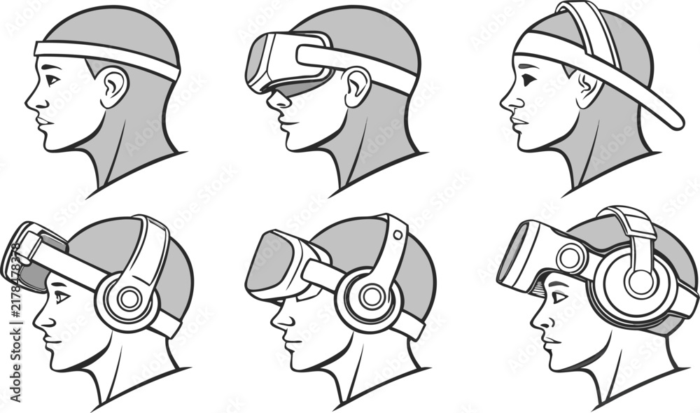 Fototapeta premium Set of six black and white line showing human heads wearing various virtual reality headsets and headphones, side profiles