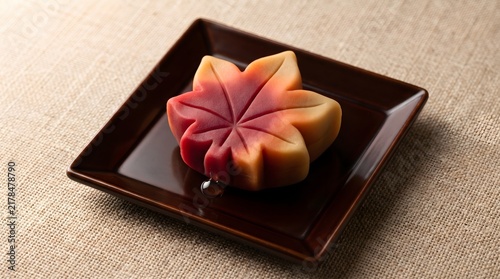 Traditional Japanese wagashi sweet shaped like an autumn maple leaf. Beautiful red and yellow fall dessert on a brown ceramic plate over a textured linen background