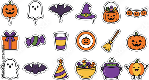 Set of cute Halloween stickers featuring pumpkins, ghosts, bats, witch hats, candy, gift boxes, and cauldrons in a colorful flat vector illustration style perfect for festive holiday party decorations
