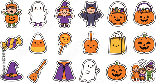 Cute Halloween Sticker Set Featuring Adorable Kids in Costumes, Smiling Pumpkins, Spooky Ghosts, Sweet Candy Corn, Lollipops, Witch Hats, and Festive Decorations for Fun Holiday Party Craft Projects