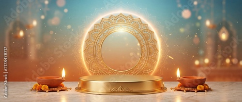 Golden product display podium with traditional Diwali diya lamps and festive bokeh background