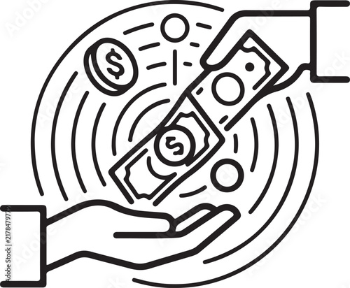 Minimalist line art illustration of hands exchanging cash and coins for remittance and financial payment services