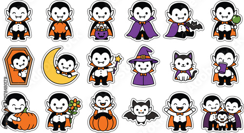 Set of Cute Cartoon Vampire Stickers for Halloween Celebration Featuring Adorable Dracula Characters with Pumpkins Bats Moon Coffin and Magic Wands in a Fun Playful Vector Illustration Style Collectio