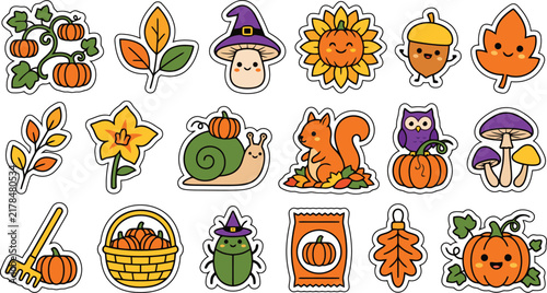 Cute Autumn Halloween Sticker Set Featuring Kawaii Pumpkins Mushrooms Acorn Squirrel Owl Snail Sunflower Leaves And Seasonal Garden Elements For Festive Fall Holiday Decoration And Crafting Projects